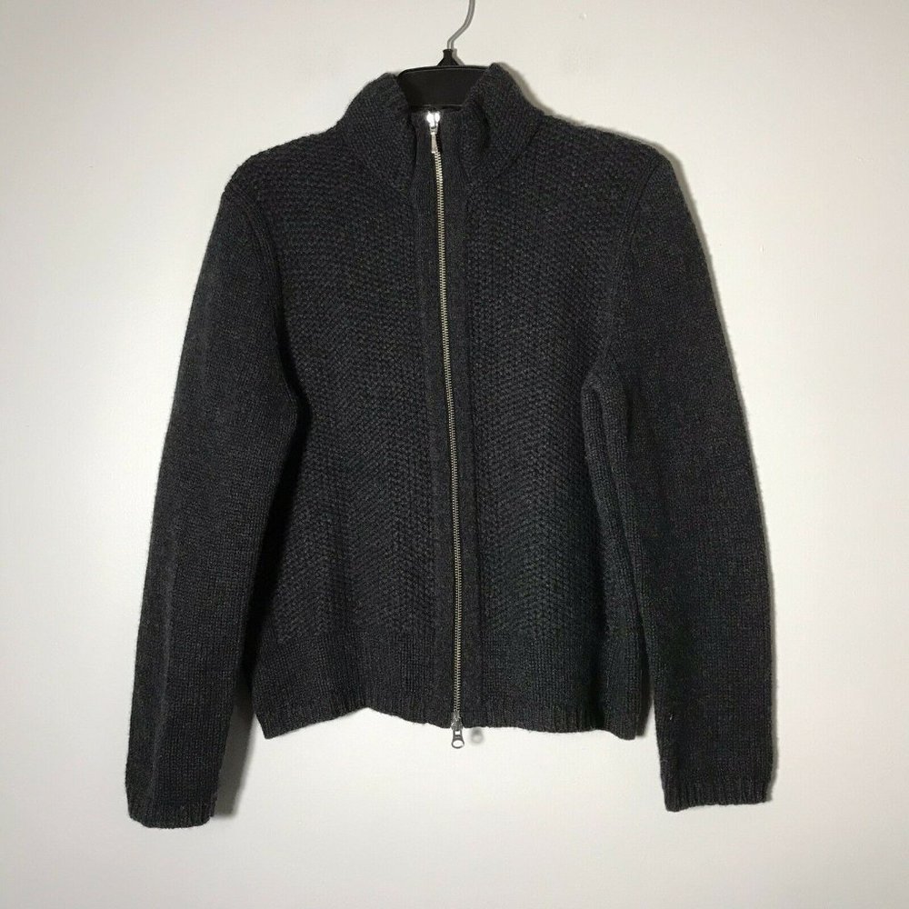 EUC Asha 100% Cashmere Charcoal Gray Thick knit Mixed Panel Full Zip Jacket Sz L